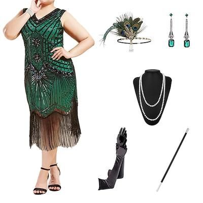 Anni Ruggenti Anni 1920 Midi Abito Flapper Abito da cocktail Set di accessori Senza maniche Il grande Gatsby Invitato al matrimonio Paillettes Frangia con nappe Scollo a V Costume Per donna Mascherata