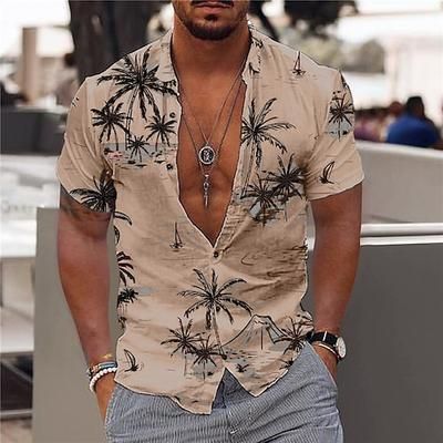 Per uomo Albero di Cocco Aloha Piante Tropicali Camicia Camicia hawaiana estiva Manica Corta Camicia Collo ripiegato Moda Hawaiano Designer All'aperto Streetwear Casuale Rosa chiaro Bianco Giallo