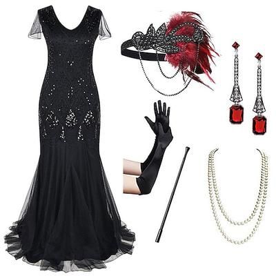 Anni Ruggenti Anni 1920 Lunghezza al pavimento Vestito Abito da sera Abiti Maniche corte Il grande Gatsby Invitato al matrimonio Paillettes Scollo a V Costume Per donna Festa serale Abbigliamento da