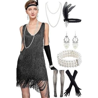 Anni Ruggenti Anni 1920 Mini Abito Flapper Abiti Set di accessori Senza maniche Il grande Gatsby Invitato al matrimonio Paillettes Frangia con nappe Paillettes Nappa Scollo a V Costume Per donna