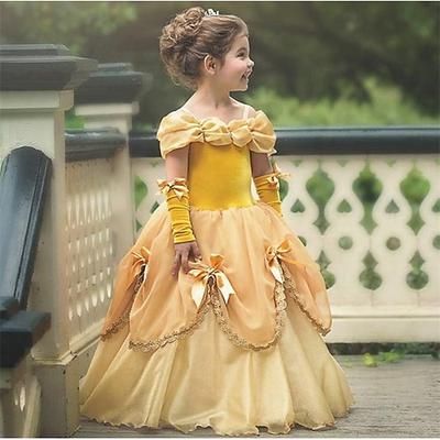 Vintage Settimana del libro 2026 Vestito Costume da festa Principessa Belle Tinta unica Costume Ragazze Settimana del libro Bambino (1-4 anni) Bambini Vestito Guanti
