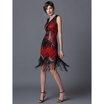 Anni Ruggenti Anni 1920 Lunghezza al ginocchio Vestito Abito Flapper Costumi di Halloween Senza maniche Il grande Gatsby Charleston Invitato al matrimonio Paillettes Patchwork Ricamato Scollo a V