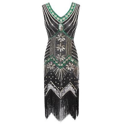 Anni Ruggenti Anni 1920 Lunghezza al ginocchio Vestito Abito Flapper Costumi di Halloween Senza maniche Il grande Gatsby Charleston Invitato al matrimonio Paillettes Patchwork Ricamato Scollo a V