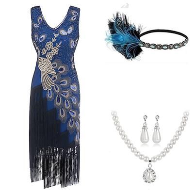 Anni Ruggenti Anni 1920 Lunghezza al ginocchio Abito Flapper Abiti Set di accessori Senza maniche Il grande Gatsby Invitato al matrimonio Paillettes Frangia con nappe Paillettes Nappa Scollo a V