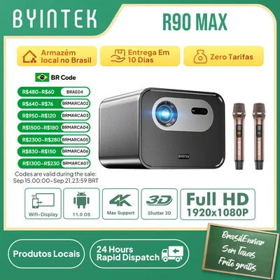 BYINTEK R90 Max Full HD 1080P Projector 4K DLP 2200 ANSI Lumens Android TV 11.0 3D 4K Supported Smart Home Theater Projector