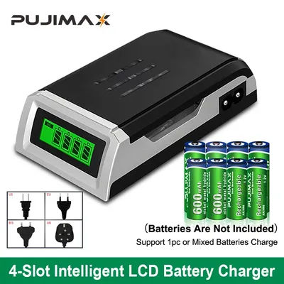 PUJIMAX 4 Slots Smart 1.2V Battery Charger With Charging Cable LCD Display For AA/AAA NiMH NiCd Rechargeable Batteries Adapter