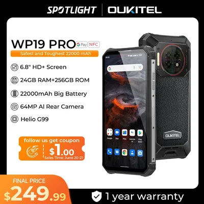 Oukitel WP19 Pro Rugged Phone 22000mAh 24GB 256GB Smartphone 64MP Camera Helio G99 Cellphone 120Hz Mobile Phone