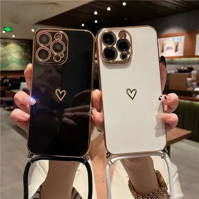 Crossbody Lanyard Cord Plating Love Heart Soft Case For iPhone 15 14 Pro Max 13 12 11 XS XR 7 Plus