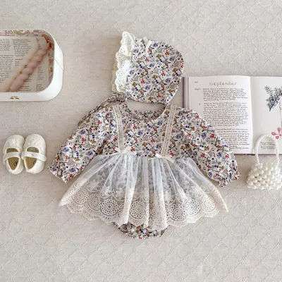 Newborn Girl Romper Lace Cut Out Floral Dress Long Sleeved+ Hat Baby Girl Bodysuit Baby Clothes 0-24 Months