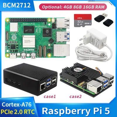 Official Raspberry Pi 5 16GB 8GB 4GB RAM BCM2712 Cortex-A76 2.4GHz LPDDR4X-4267 PCIe 2.0 RTC Optional Case Power Supply for RPi5