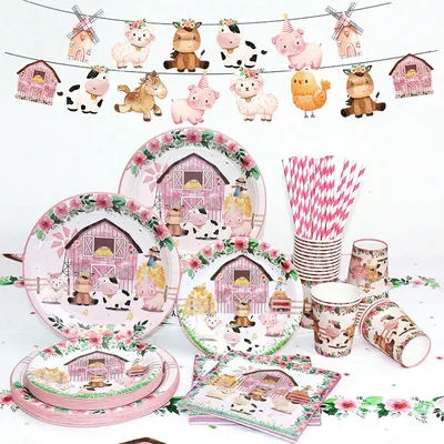 Pink Farm Animals Birthday Decor Disposable Tableware Set Paper Banner Floral Plates Baby Shower Girl Birthday Party Decorations