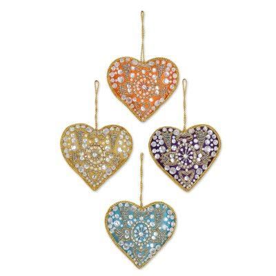 Colorful Hearts,'4 Heart Shaped Multicolored Embroidered Ornaments from India'