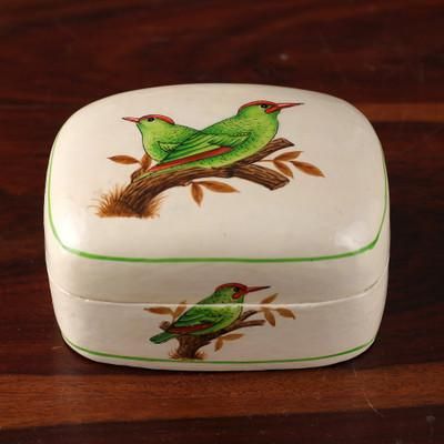Valley Saga,'Bird-Themed Green and White Papier Mache Decorative Box'