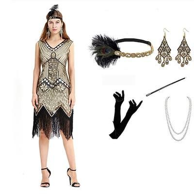 Anni Ruggenti Anni 1920 Lunghezza al ginocchio Lunghezza corta Vestito Abito Flapper Abiti Senza maniche Il grande Gatsby Invitato al matrimonio Paillettes Frangia con nappe Paillettes Scollo a V