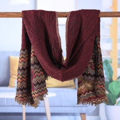 Sacred Blooming,'Floral Embroidered Colorful Burgundy 100% Wool Scarf'