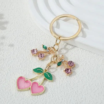 Handmade Cute Eanmel Keychains Lovely Hearts Cherry Fruit Plants Key Rings For Women Girls Handbag Accessories Diy Jewelry