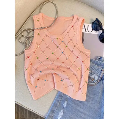 Colorful Rhinestone Knitted Tank Top Casual Crew Neck Sleeveless Tank Top For Summer Women's Clothing Crop Top Camis