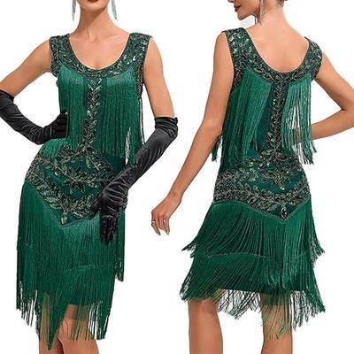 Anni Ruggenti Anni 1920 Lunghezza al ginocchio Vestito Abito Flapper Abito per Festa di Natale Senza maniche Il grande Gatsby Gentildonna Invitato al matrimonio Paillettes Frangia con nappe Scollo