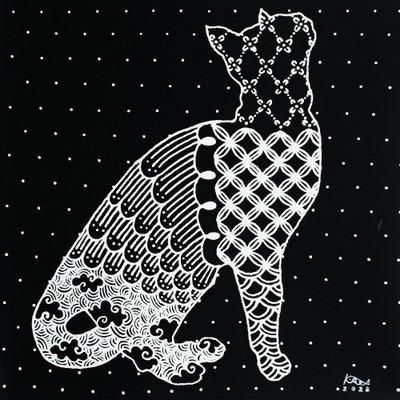 Waiting Cat,'Thai Kitty Cat Painting with Design Motifs'