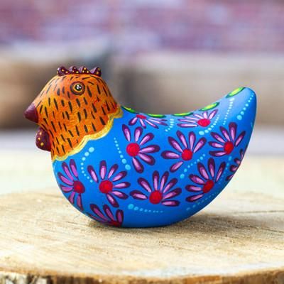 Blue Hen,'Mexican Hand-Painted Blue Orange Hen Wood Alebrije Figurine'