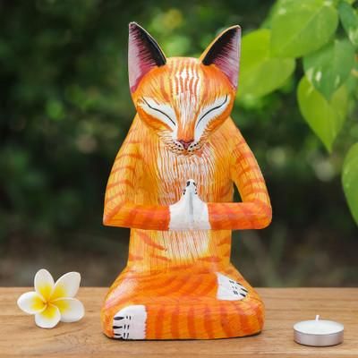 'Handcrafted Yoga-Themed Orange Cat Raintree Wood Sculpture'