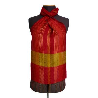 Ancient Threads,'Handloomed Classic Red and Yellow Baby Alpaca Blend Scarf'