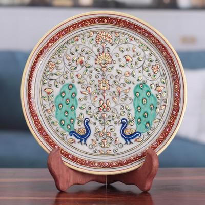 'Floral Marble Decorative Plate with Hand-Painted Peacocks'
