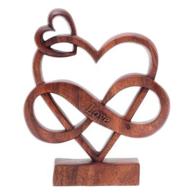 The Last Love,'Hand-Carved Heart-Themed Suar Wood Sculpture in Brown'
