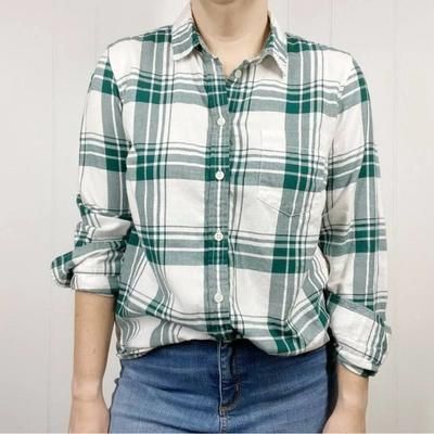 J. Crew Tops | J. Crew Mercantile Green & White Plaid Button Front Top Size Xxs | Color: Green/White | Size: Xxs