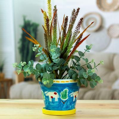 Serene Cows,'Painted Cow and Tree Blue Ceramic Flower Pot and Saucer'