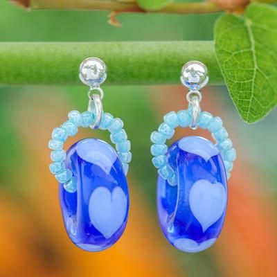 Perpetual Love,'Handblown Glass Beaded Blue Dangle Earrings with Heart Motif'