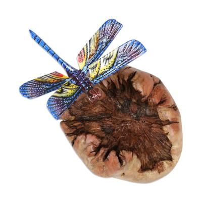 'Mushroom-Shaped Wood Sculpture with Colorful Dragonfly'