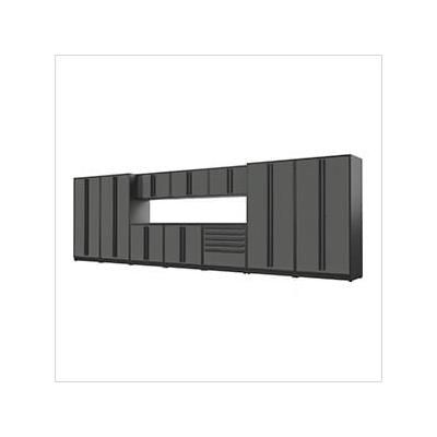 Proslat Garage Cabinets 12-Piece Glossy Grey Cabinet Set with Black Handles and Powder Coated Worktop