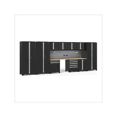 NewAge Garage Cabinets PRO Series Black 12-Piece Set with Bamboo Tops and Slatwall Hook Kit