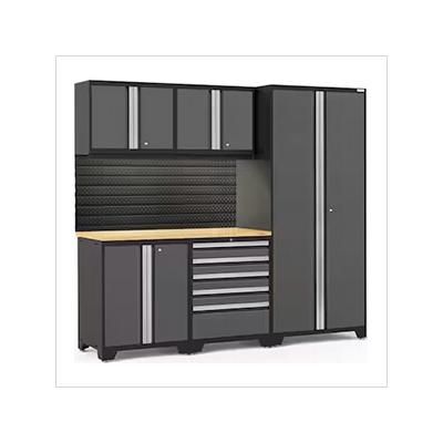 NewAge Garage Cabinets PRO Series Grey 6-Piece Set with Bamboo Top, Slatwall and LED Lights