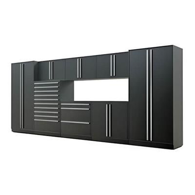 Proslat Garage Cabinets 9-Piece Mat Black Cabinet Set with Silver Handles and Powder Coated Worktop