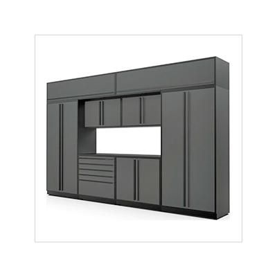 Proslat Garage Cabinets 9-Piece Glossy Grey Cabinet Set with Black Handles and Powder Coated Worktop