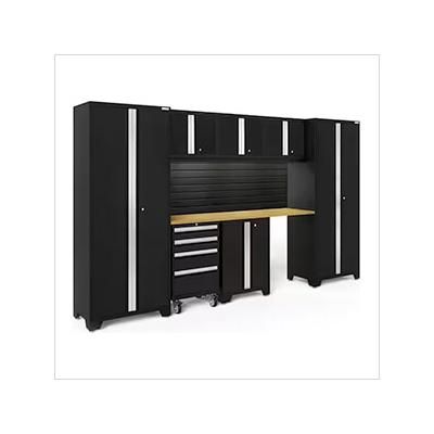 NewAge Garage Cabinets BOLD Series Black 8-Piece Set with Bamboo Top, Backsplash, LED Lights