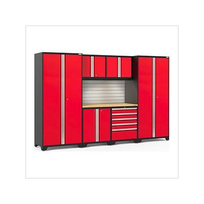 NewAge Garage Cabinets PRO Series Red 7-Piece Set with Bamboo Top, Slatwall and LED Lights