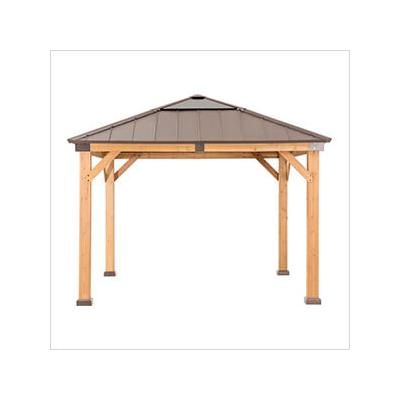 Sunjoy Group 11 x 11 Wooden Hardtop Gazebo with Ceiling Hook (Upgraded Brown Roof)