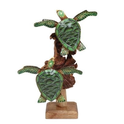 'Wood Tortoise Sculpture with Stand & Mushroom-Shaped Accents'