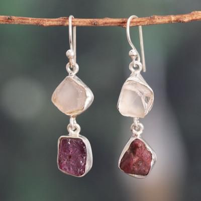 Sweet Liaison,'Natural Freeform Rose Quartz and Garnet Dangle Earrings'