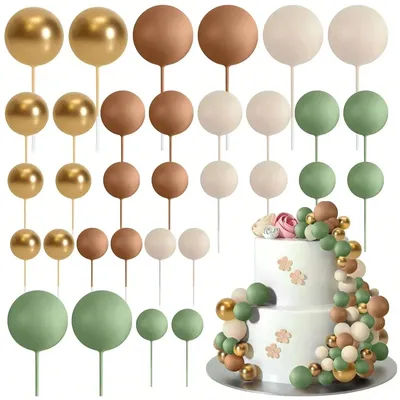 Décoration de gâteau vert sauge marron, 10 pièces, boules en mousse dorée, bricolage, décoration de gâteau pour réception-cadeau pour bébé, fête d'anniversaire