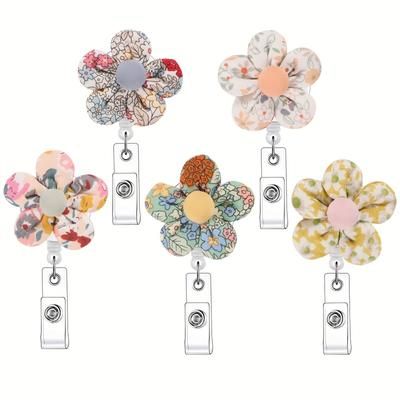 5pcs Flower Badge Reels Retractable Badge Holders Id Badge Holder Retractable Clip Cute Badge Reel Retractable Lanyards For Id Badges Button Shivering Pastoral Style Nurse Student Worker