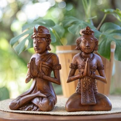 'Two Hand-Carved Meditating Balinese Couple Wood Sculptures'