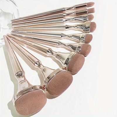 TEMU 9pcs Luxurious Golden Makeup Brush Set With Soft Nylon Bristles - Includes Powder, Blush, & Foundation Brushes With Abs Handles - Ideal For Types, Makeup Brush Holder