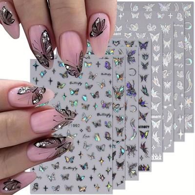 TEMU 8 Sheets 3d Self-adhesive Holographic Laser Glitter Nail Stickers - Resin Nail Art Decals With Geometric Designs, & Remove For Diy Manicure, Acrylic Nails, Women & S, Manicure Accessories