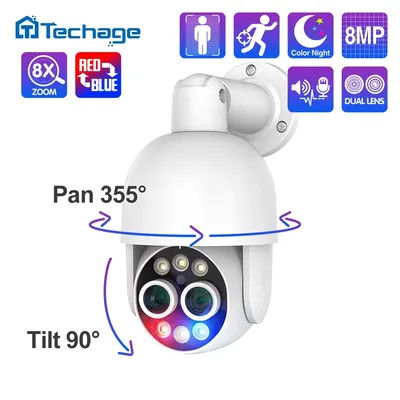 Techage 8MP POE IP Camera Dual Lens HD CCTV Video Smart AI Outdoor Audio Auto Tracking PTZ Camera Surveillance Security System