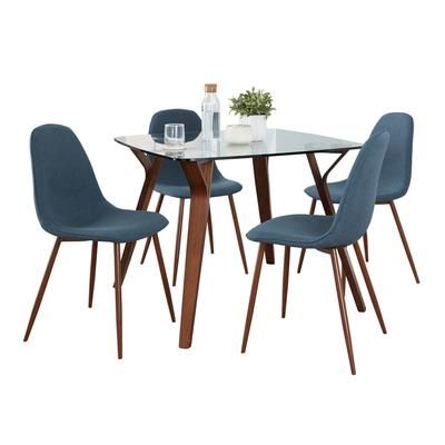 Folia Square Pebble Dining Set - 5 Piece by Lumisource in Walnut Blue Fabric
