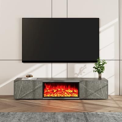Modern Light Luxury Electric Fireplace TV Stand with LED Flame Effects, Adjustable in Multiple Colors, with 2 Drawers, Matte Sintered Stone, Gray, 70.87"